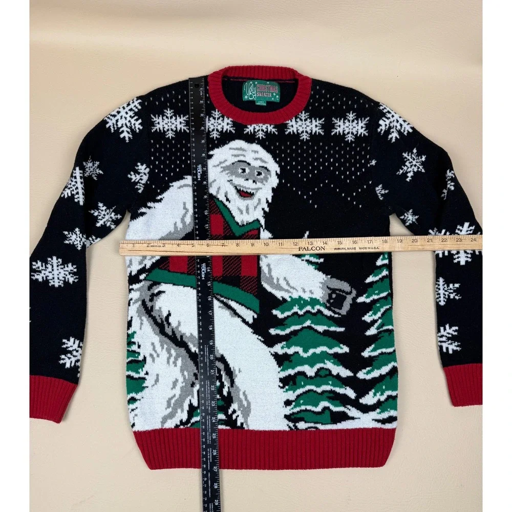 Ugly Christmas Sweater M Bigfoot Yeti Holiday Plaid Vest Snowflakes Black